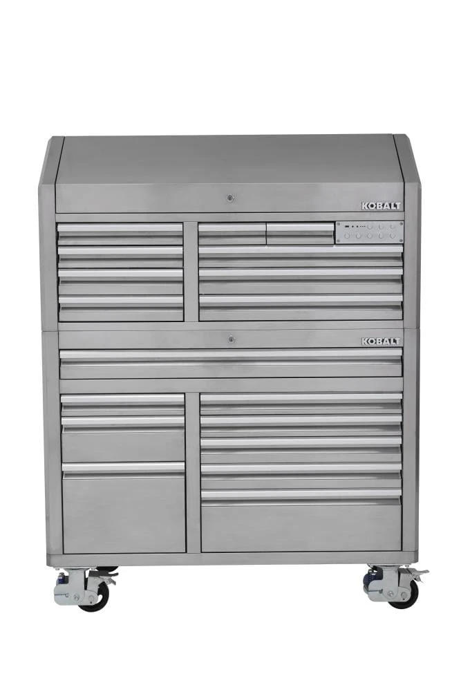 Kobalt Bottom Tool Cabinets 3000 Series 53-in W x 68.7-in H 18-Drawer Stainless Steel Rolling Tool Cabinet (Stainless Steel) 1 Kobalt Bottom Tool Cabinets 3000 Series 53-in W x 68.7-in H 18-Drawer Stainless Steel Rolling Tool Cabinet (Stainless Steel)