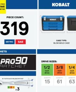 Kobalt Mechanics Tool Sets 319-Piece Standard (SAE) and Metric Combination Polished Chrome Mechanics Tool Set (1/4-in; 3/8-in) 34 Kobalt Mechanics Tool Sets 319-Piece Standard (SAE) and Metric Combination Polished Chrome Mechanics Tool Set (1/4-in; 3/8-in) -Kobalt Sales Store 15100861