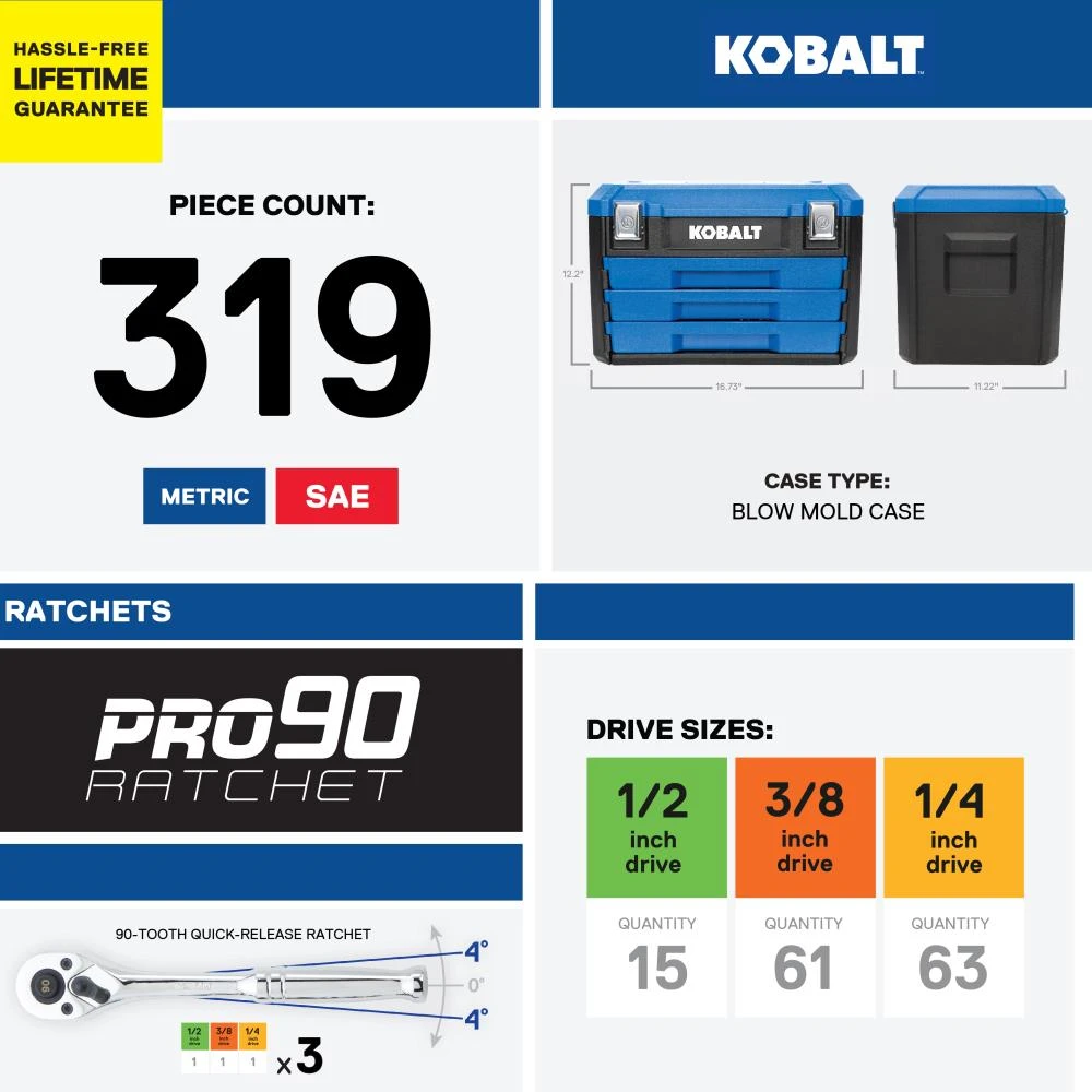 Kobalt Mechanics Tool Sets 319-Piece Standard (SAE) and Metric Combination Polished Chrome Mechanics Tool Set (1/4-in; 3/8-in) 15 Kobalt Mechanics Tool Sets 319-Piece Standard (SAE) and Metric Combination Polished Chrome Mechanics Tool Set (1/4-in; 3/8-in) - Image 15