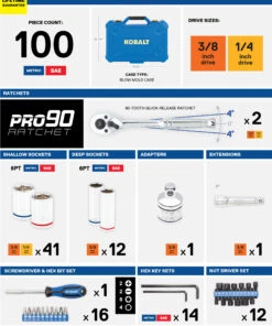 Kobalt Mechanics Tool Sets Centennial 100-Piece Standard (SAE) and Metric Combination Polished Chrome Mechanics Tool Set (1/4-in; 3/8-in) -Kobalt Sales Store 40333067 scaled