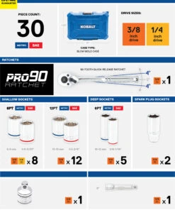 Kobalt Mechanics Tool Sets 30-Piece Standard (SAE) and Metric Combination Polished Chrome Mechanics Tool Set (3/8-in;) -Kobalt Sales Store 47832736 scaled